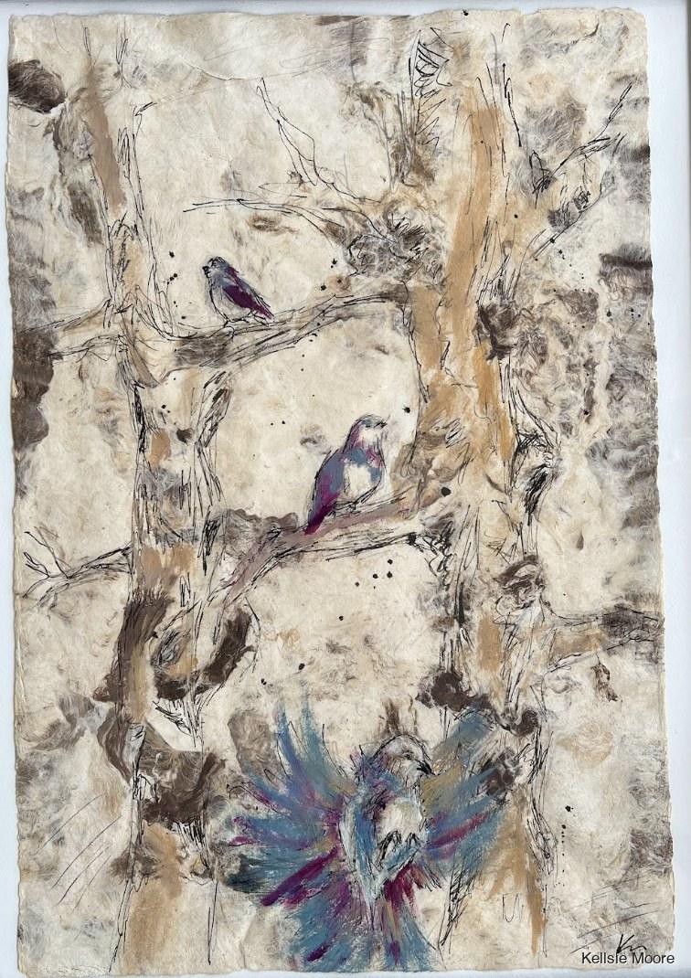 Birds on Handmade Paper by Kellsie Moore.