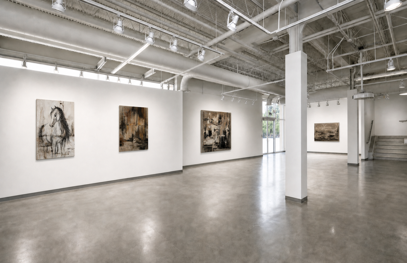 Gallery mockup showing Kellsie Moore's Becoming Home paintings installed in a bright exhibition space.