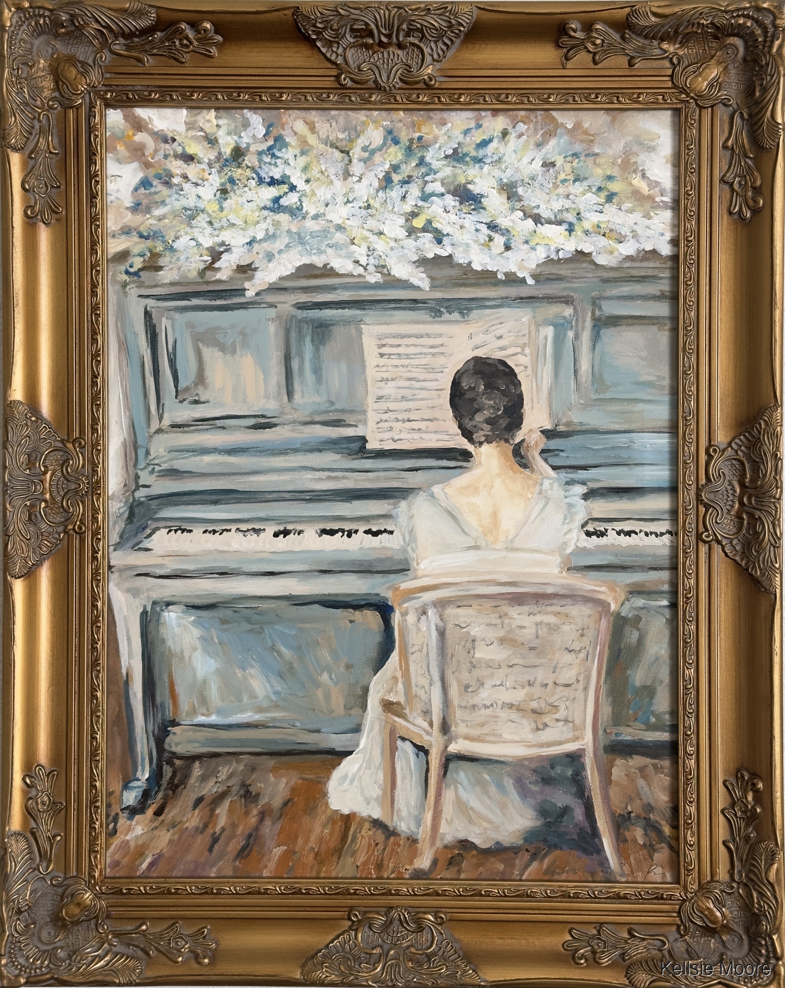 Framed view of Piano Woman by Kellsie Moore.
