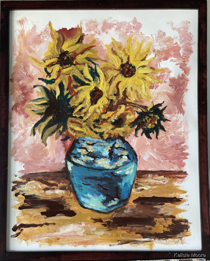 Sunflowers in Blue Vase by Kellsie Moore.